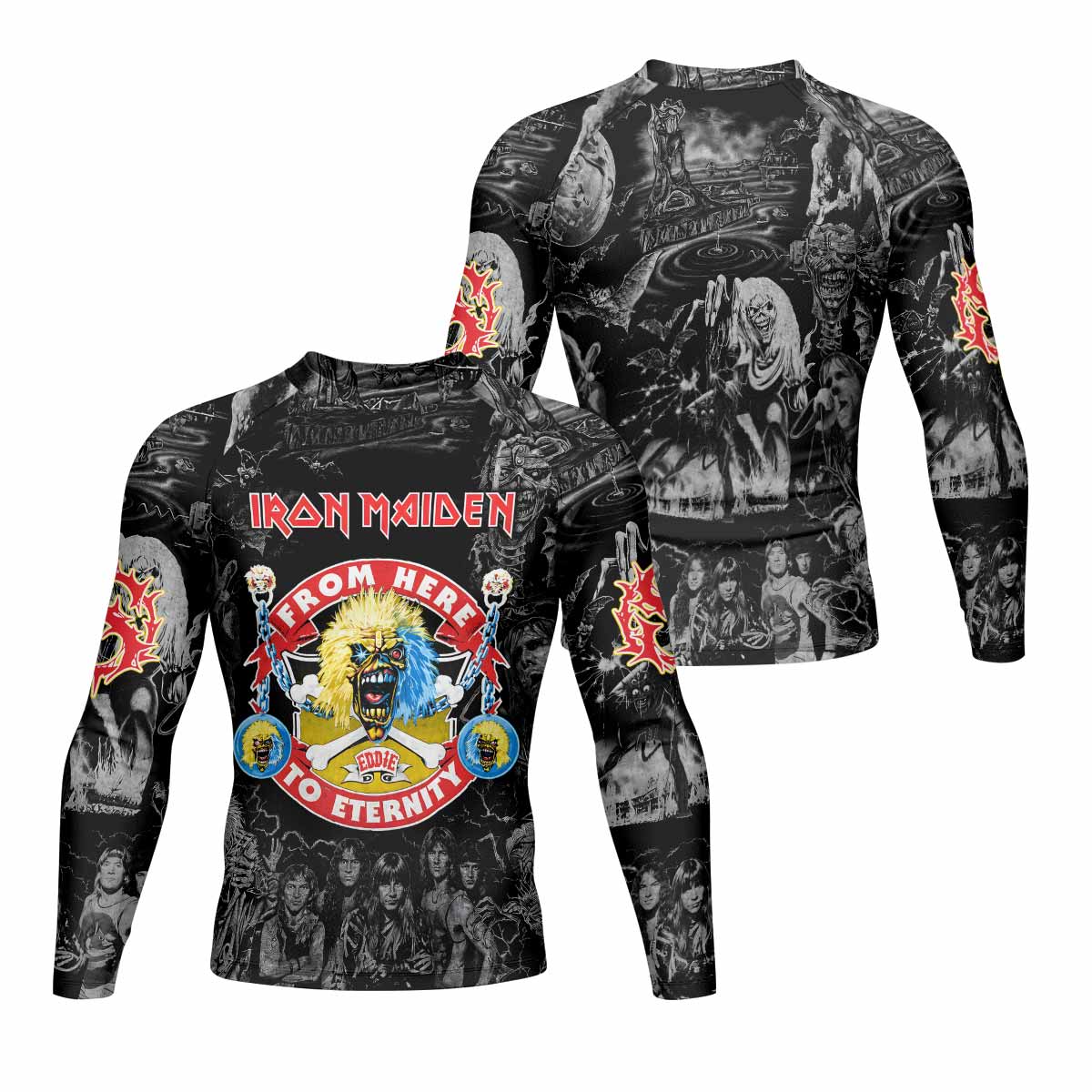 Iron Maiden From Here to Eternity Eddie Men's Rash Guard Long Sleeve - front and back view