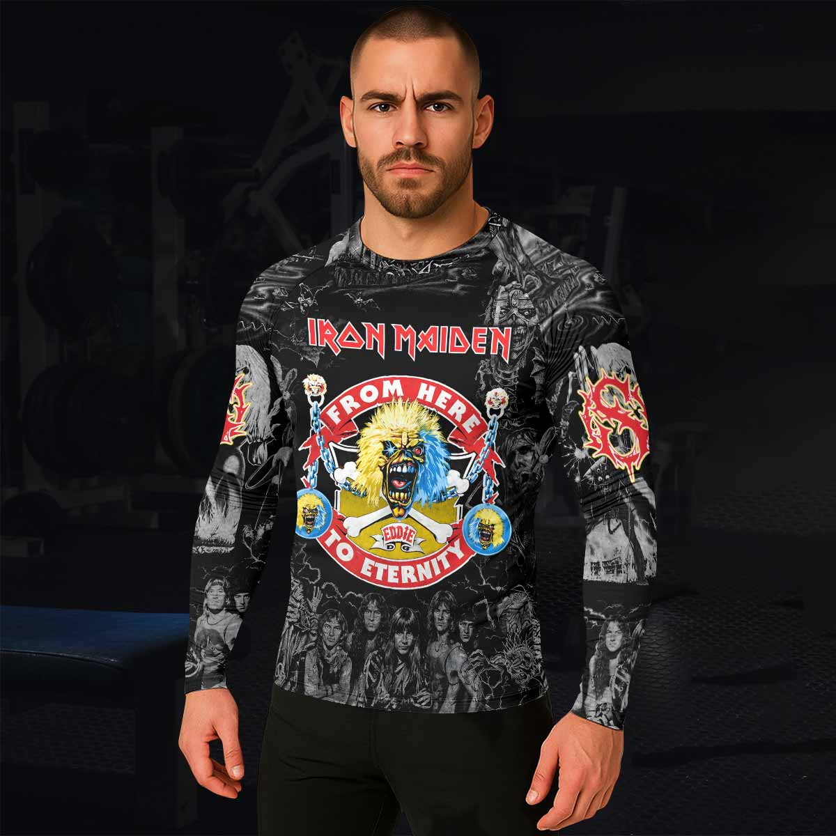 Iron Maiden From Here to Eternity Eddie Men's Rash Guard Long Sleeve - lifestyle view