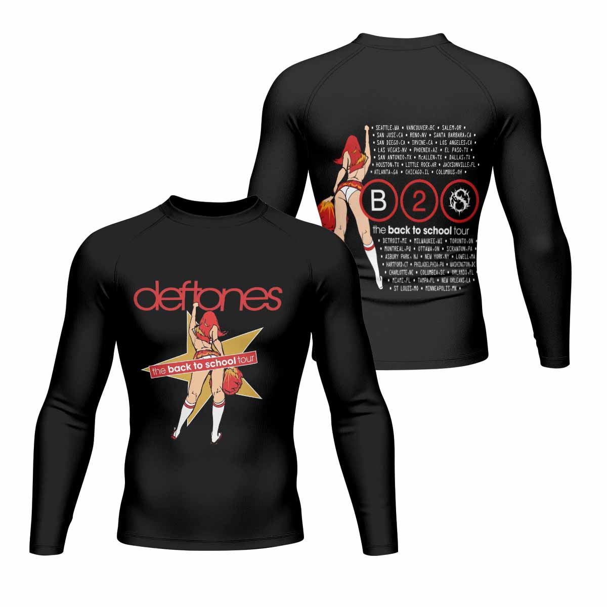 Deftones Back to School Tour Men's Rash Guard Long Sleeve - front and back view