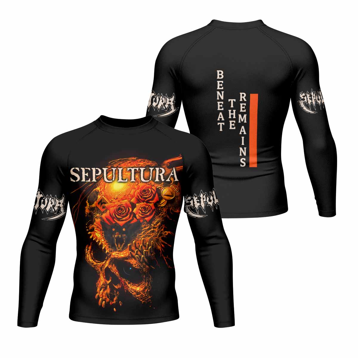 Beneath the Remains Sepultura Men's Rash Guard Long Sleeve - front and back view