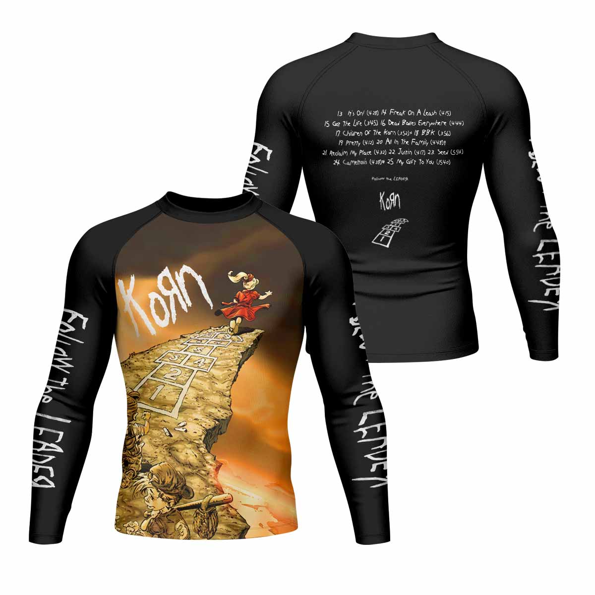 Korn Follow the Leader Hopscotch Men's Rash Guard Long Sleeve - front and back view