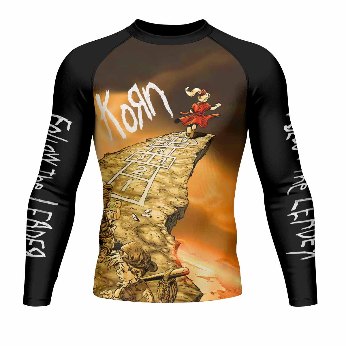 Korn Follow the Leader Hopscotch Men's Rash Guard Long Sleeve - front view mockup
