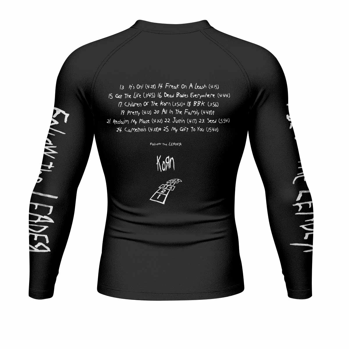 Korn Follow the Leader Hopscotch Men's Rash Guard Long Sleeve - back view mockup