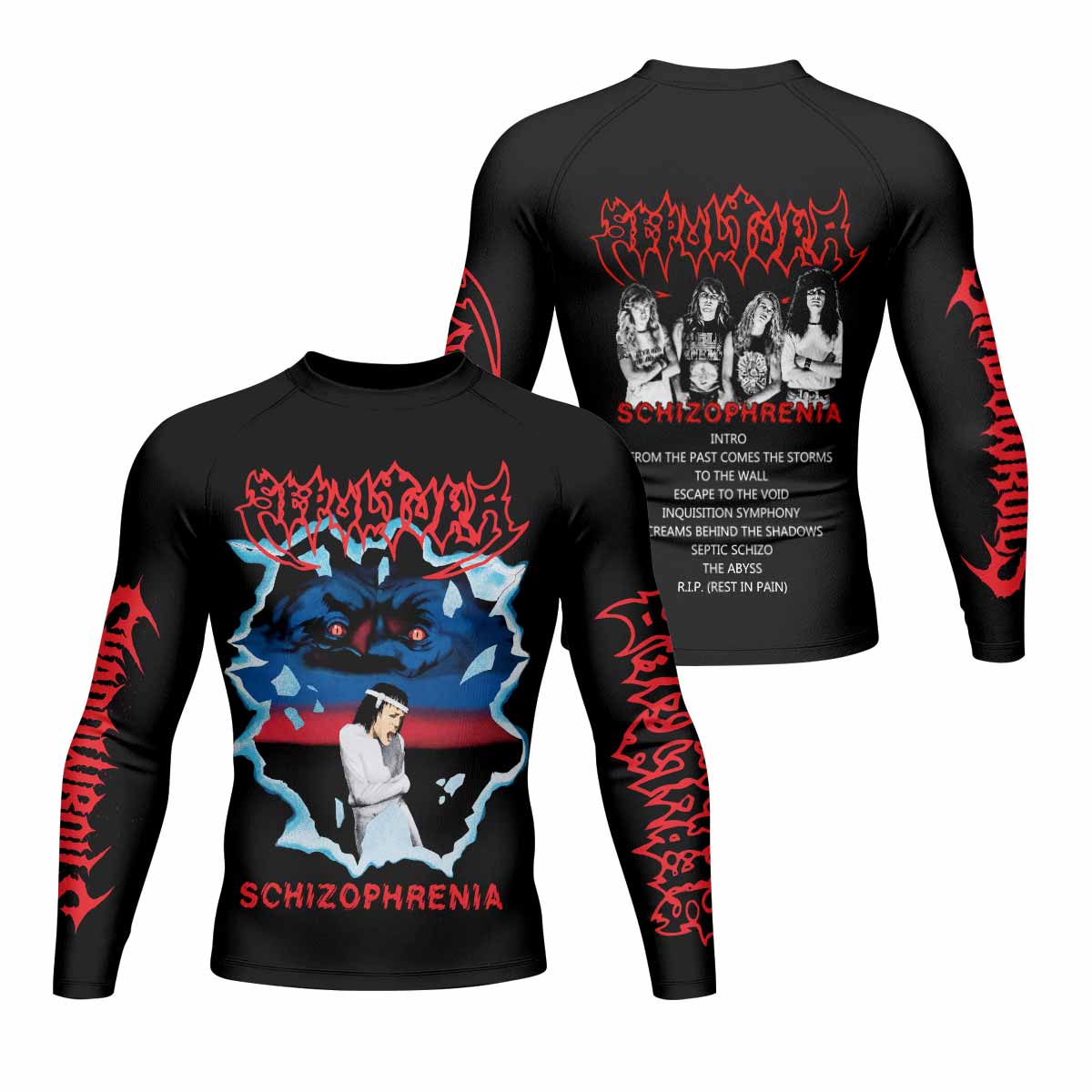 Sepultura Schizophrenia Men's Rash Guard Long Sleeve - front and back view