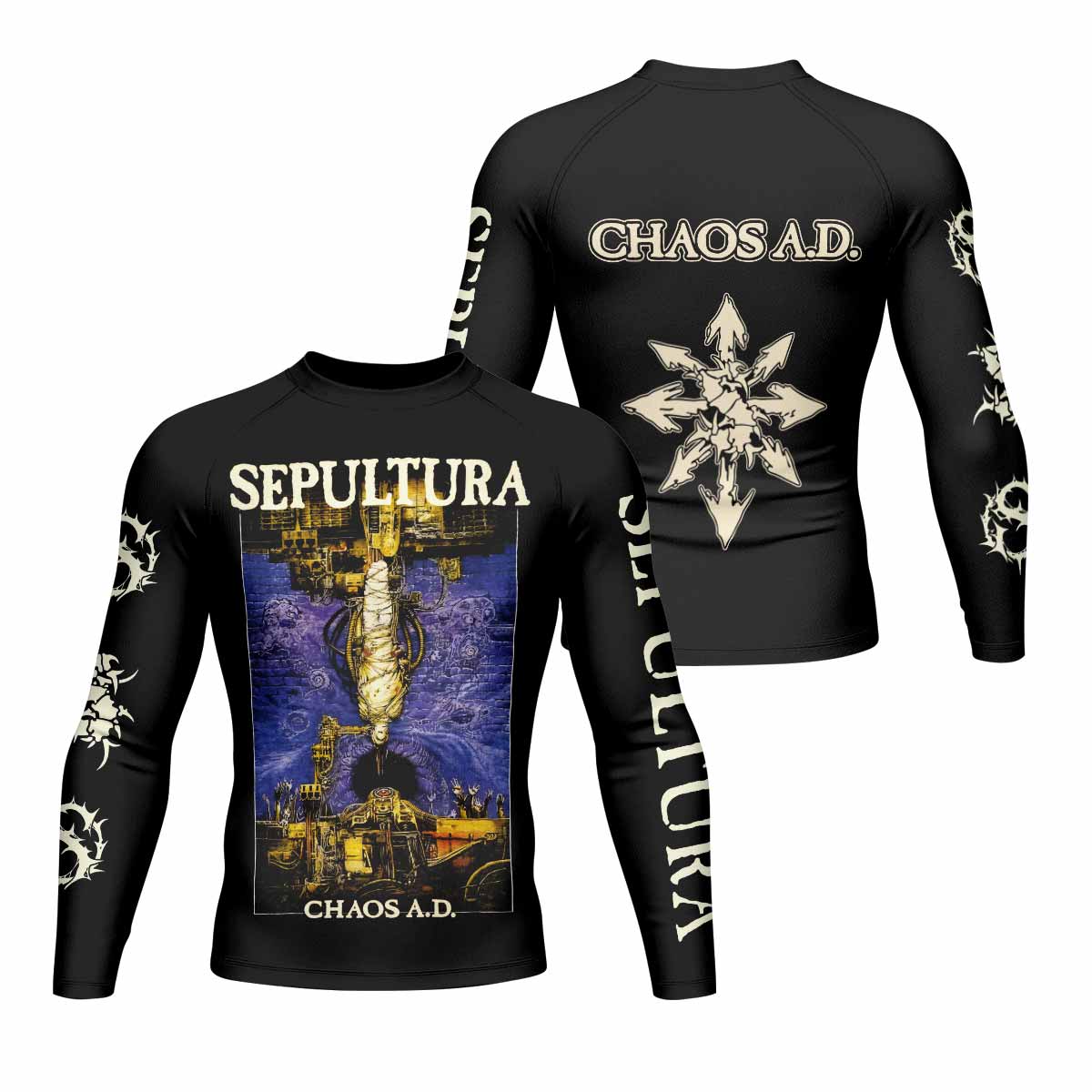 Chaos A.D. Sepultura Men's Rash Guard Long Sleeve - front and back view