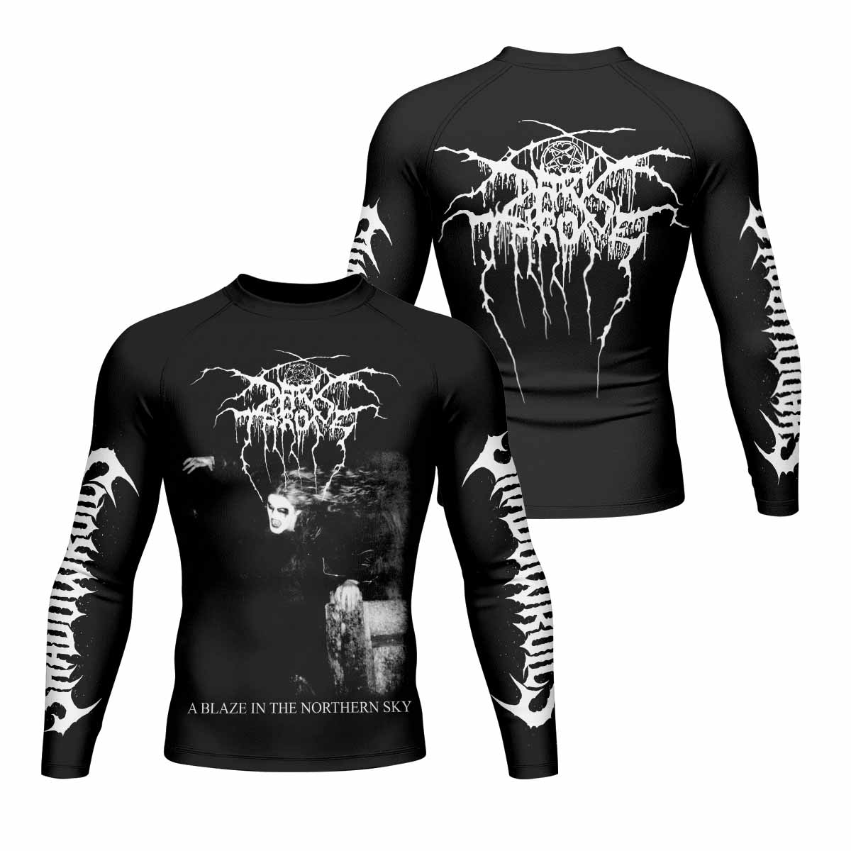 Darkthrone A Blaze in the Northern Sky Men's Rash Guard Long Sleeve - front and back view