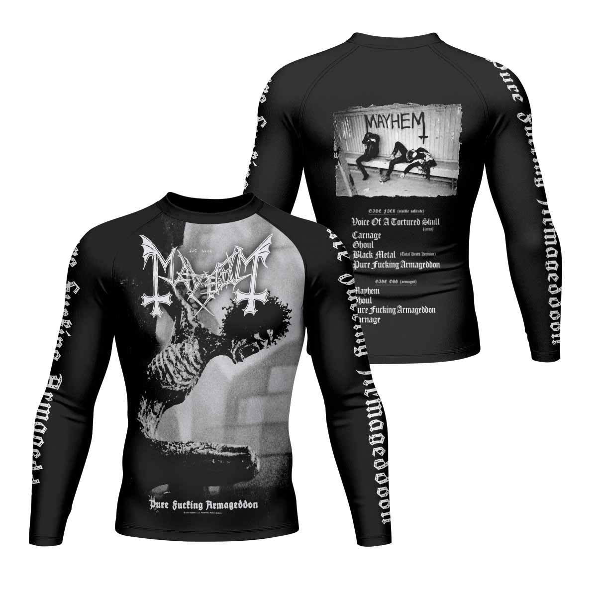 Mayhem Pure Fucking Armageddon Men's Rash Guard Long Sleeve - front and back view