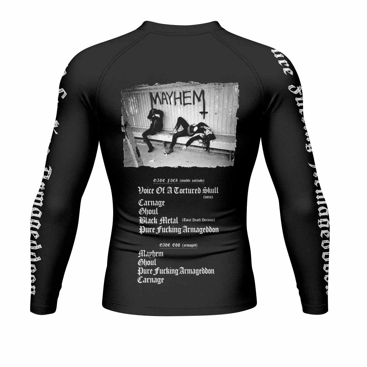 Mayhem Pure Fucking Armageddon Men's Rash Guard Long Sleeve - back view mockup