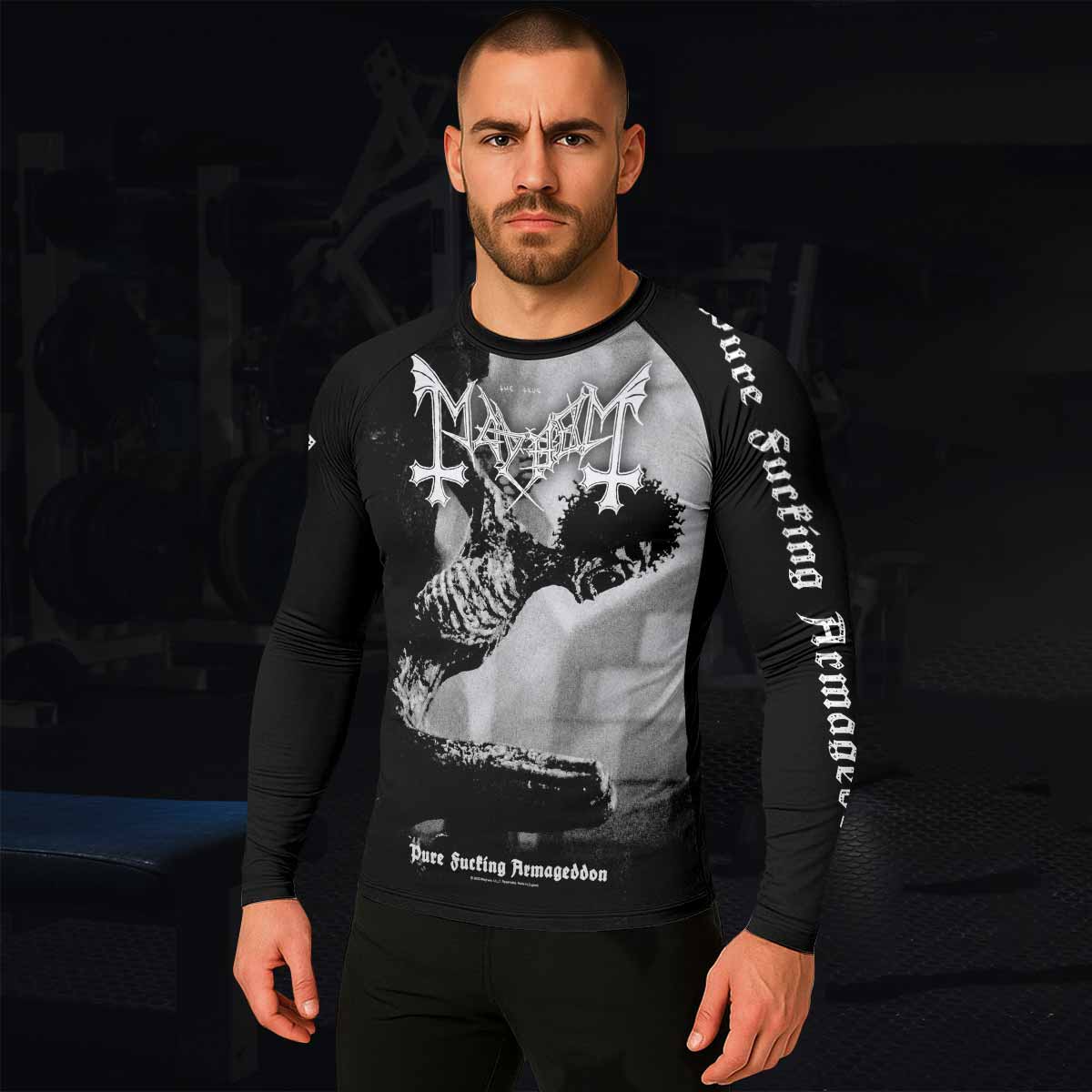 Mayhem Pure Fucking Armageddon Men's Rash Guard Long Sleeve - lifestyle view