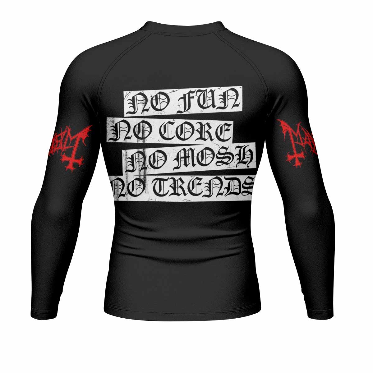 Mayhem Deathcrush No Fun No Core No Mosh No Trends Men's Rash Guard Long Sleeve - back view mockup