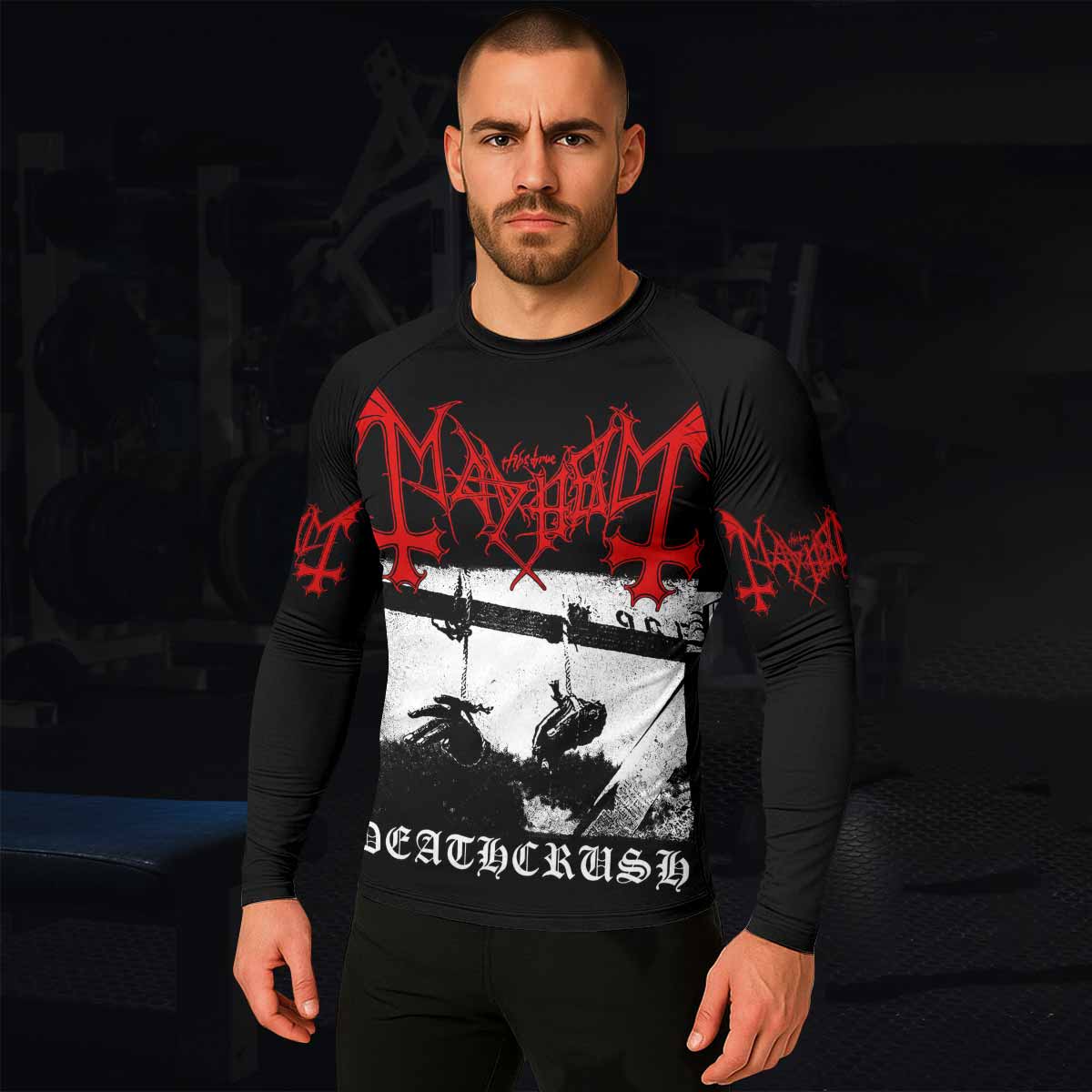 Mayhem Deathcrush No Fun No Core No Mosh No Trends Men's Rash Guard Long Sleeve - lifestyle view
