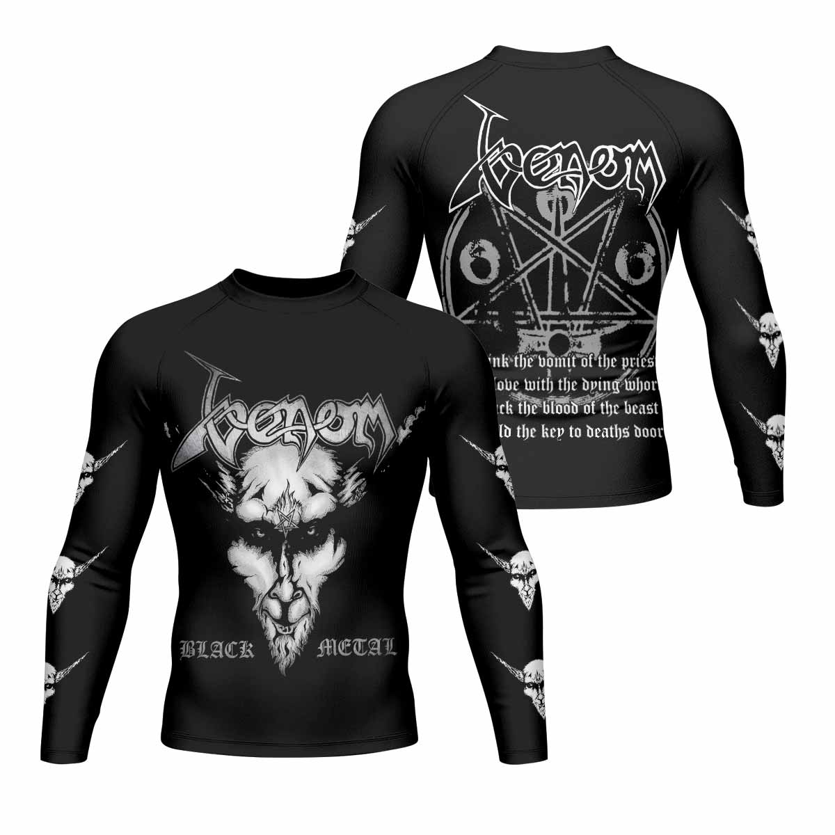 Venom Black Metal Goat Sigil Men's Rash Guard Long Sleeve - front and back view