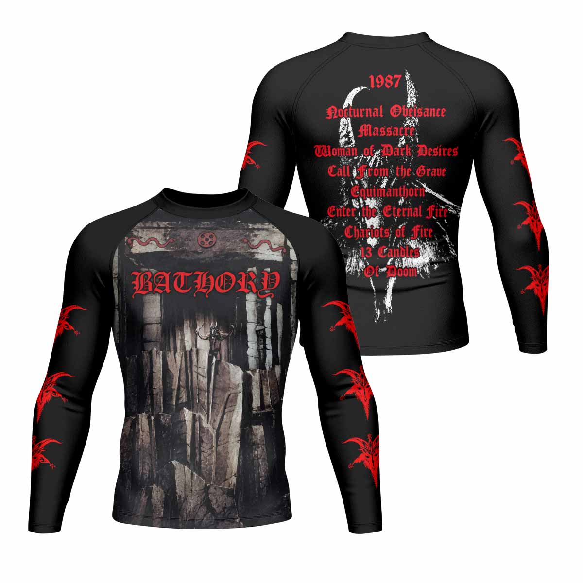 Bathory Under the Sign of the Black Mark Men's Rash Guard Long Sleeve - front and back view