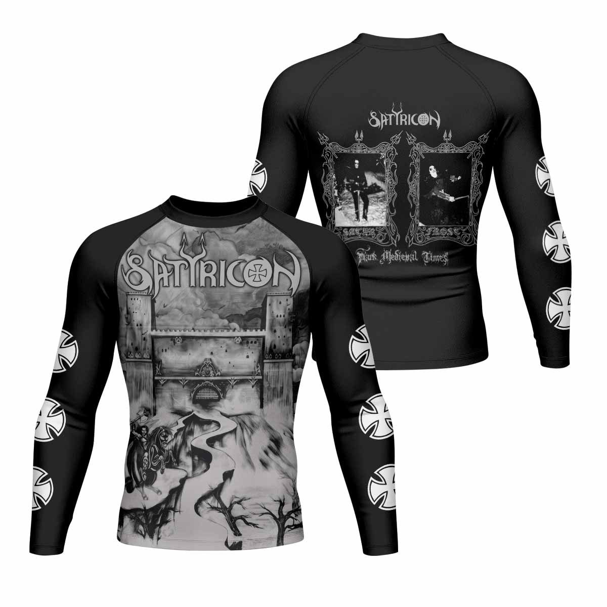 Satyricon Dark Medieval Times Men's Rash Guard Long Sleeve - front and back view
