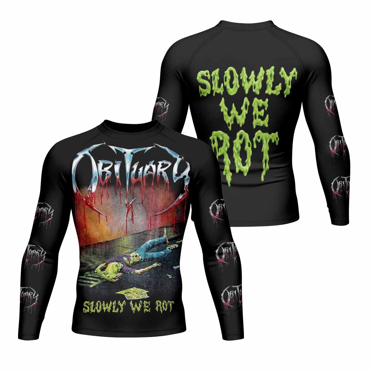 Obituary Slowly We Rot Men's Rash Guard Long Sleeve - front and back view