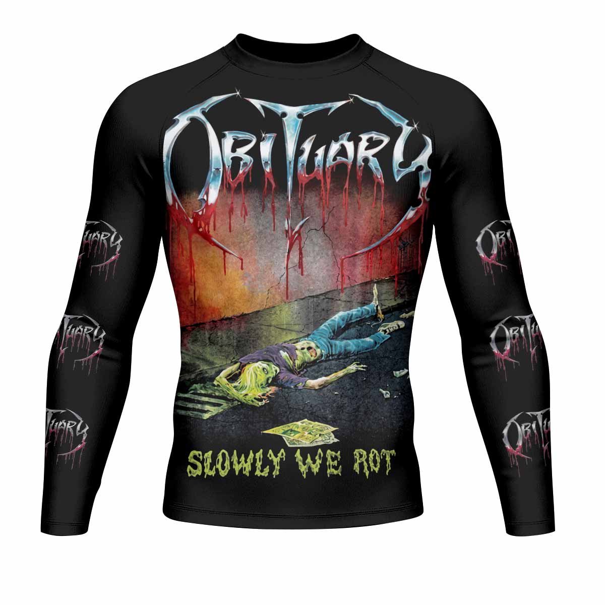 Obituary Slowly We Rot Men's Rash Guard Long Sleeve - front view mockup