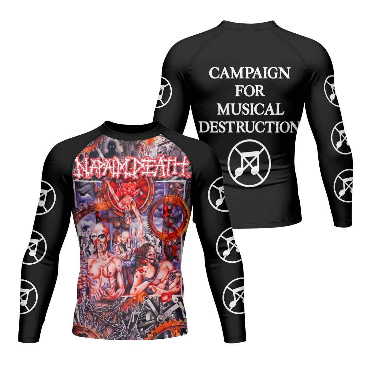 Napalm Death Utopia Banished Men's Rash Guard Long Sleeve - front and back view