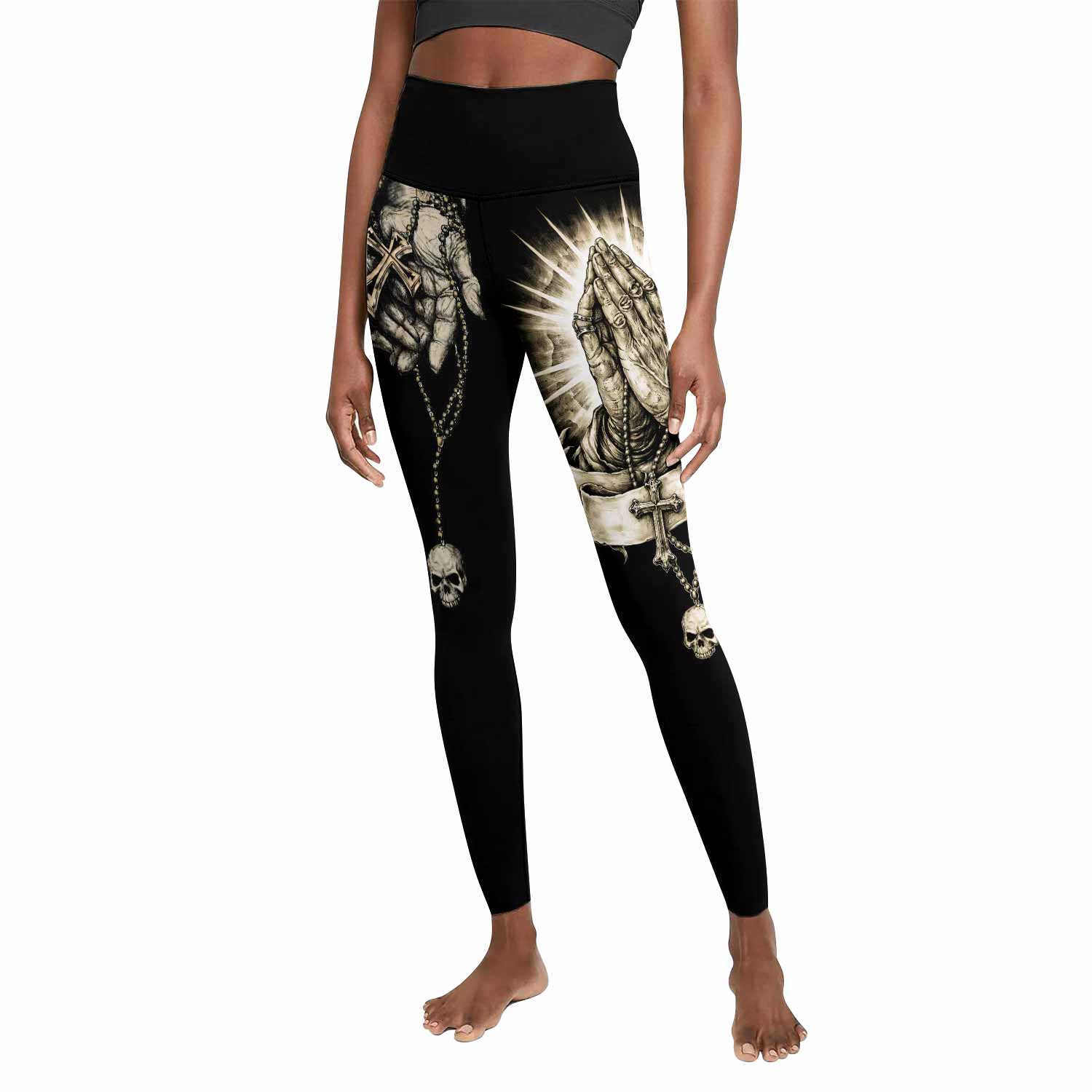 Praying Hands Skull Women's Leggings - front view mockup