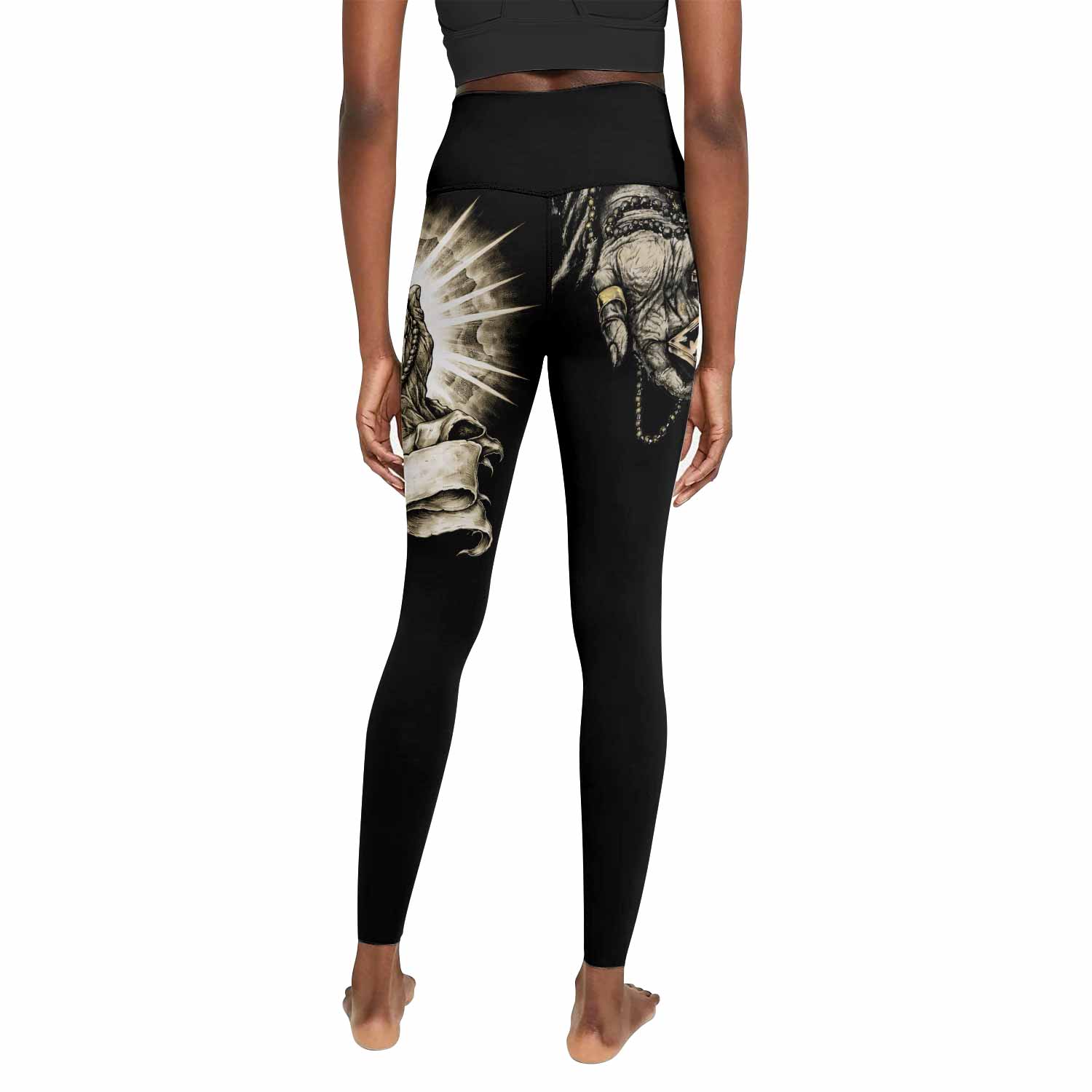 Praying Hands Skull Women's Leggings - back view mockup