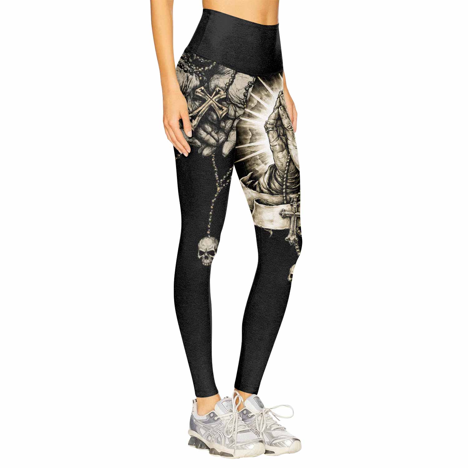 Praying Hands Skull Women's Leggings - right side mockup