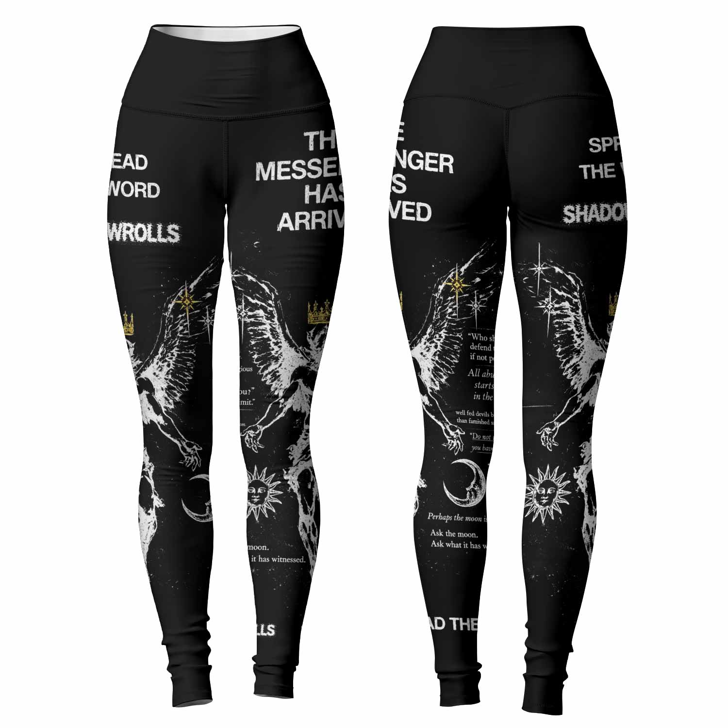 The Messenger Has Arrived Black Women's Leggings - front and back view