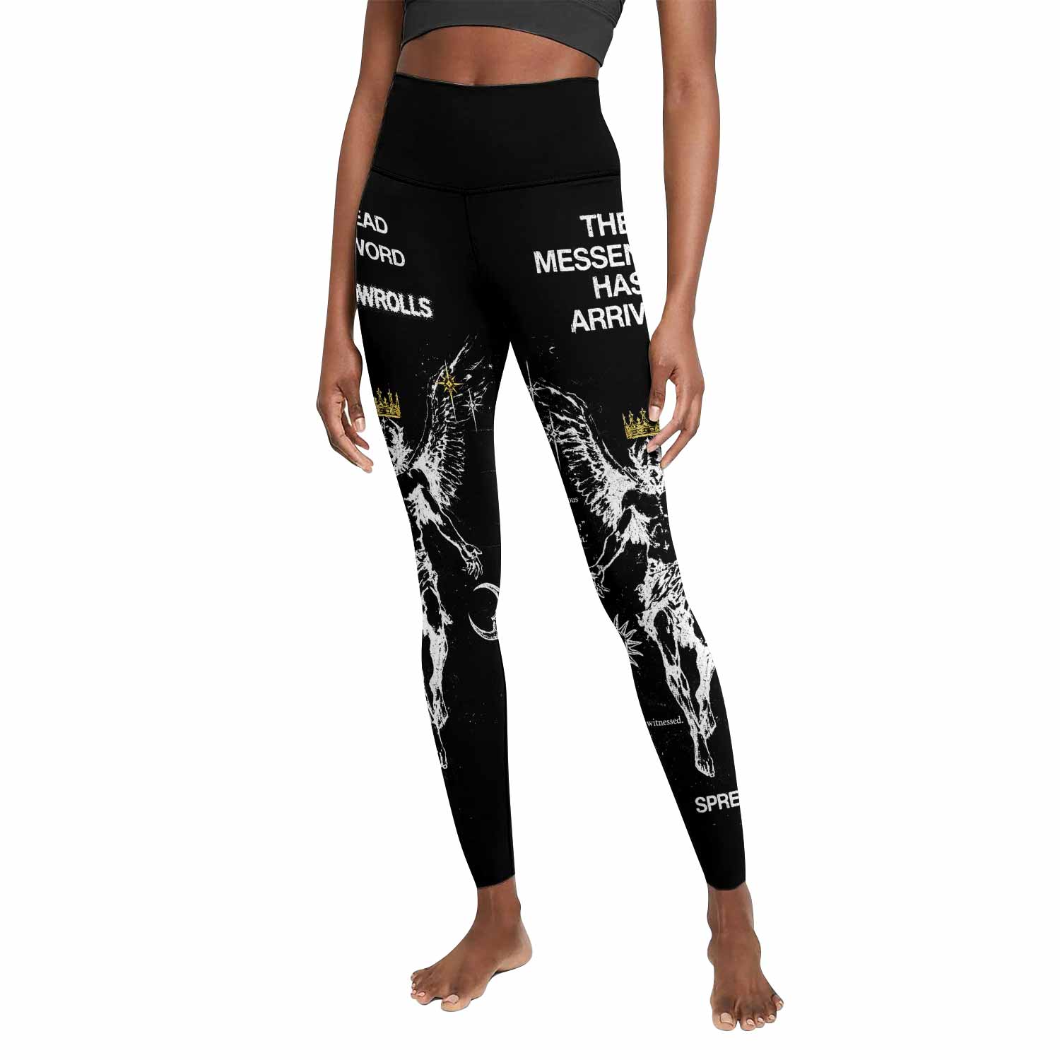 The Messenger Has Arrived Black Women's Leggings - front view mockup