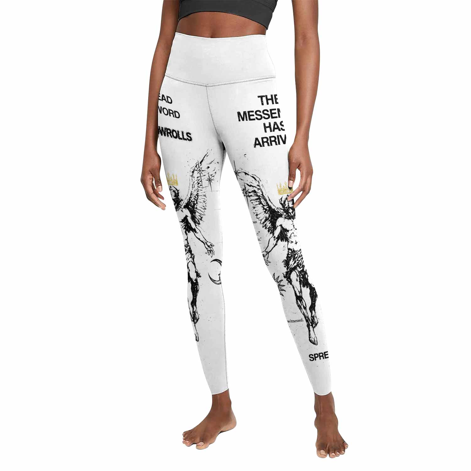 The Messenger Has Arrived White Women's Leggings - front view mockup