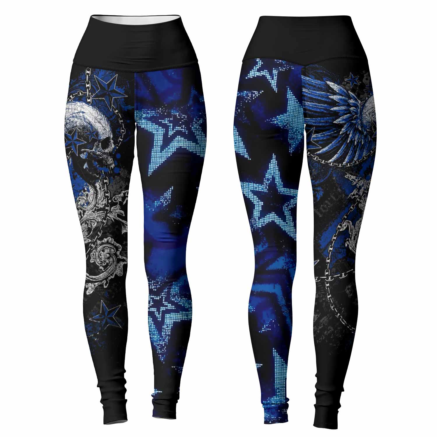 Blue Winged Skull Women's Leggings - front and back view