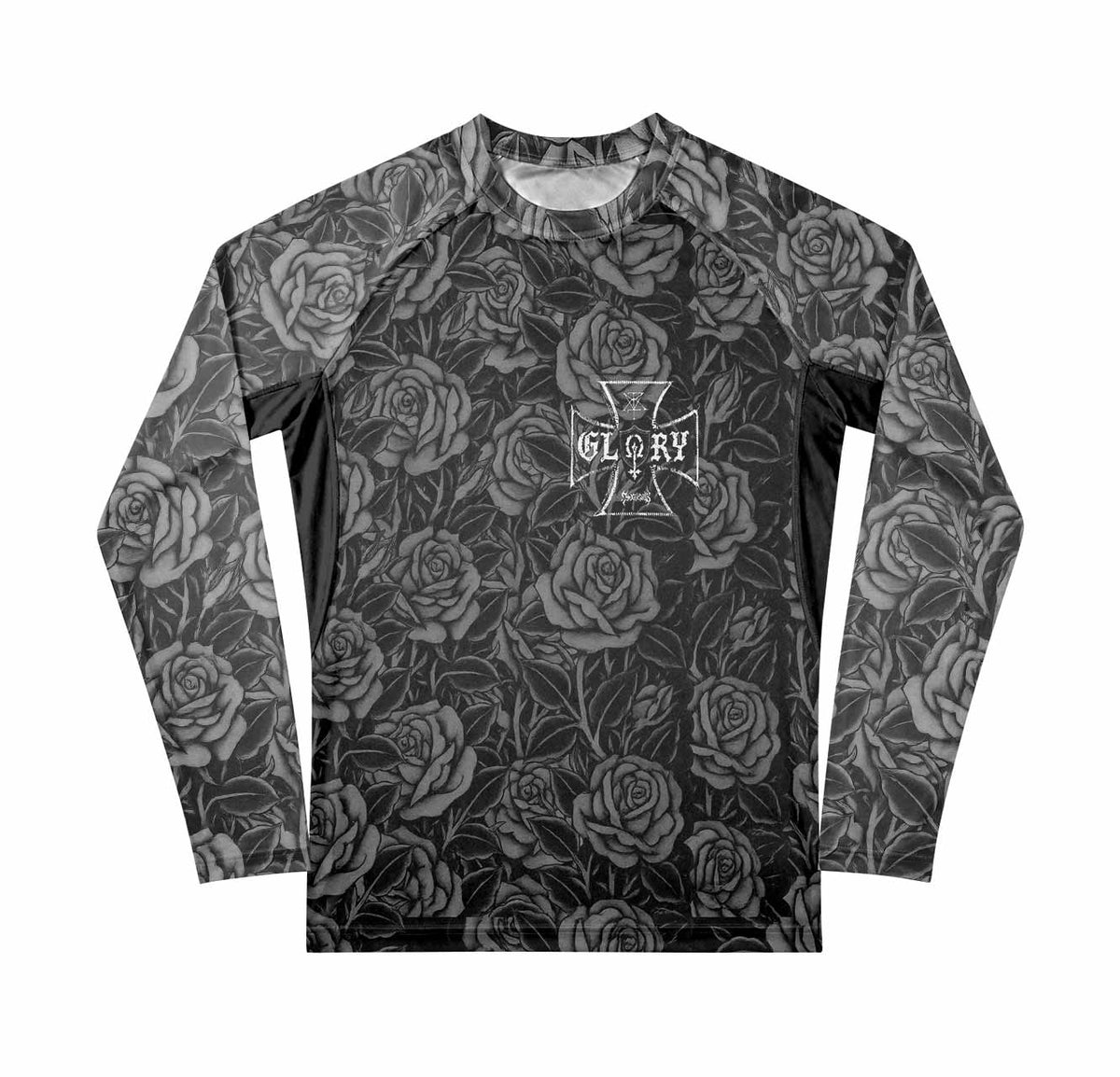 Black Rose Madonna Premium Rash Guard Long Sleeve - front view mockup