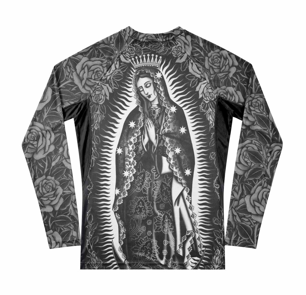Black Rose Madonna Premium Rash Guard Long Sleeve - back view mockup