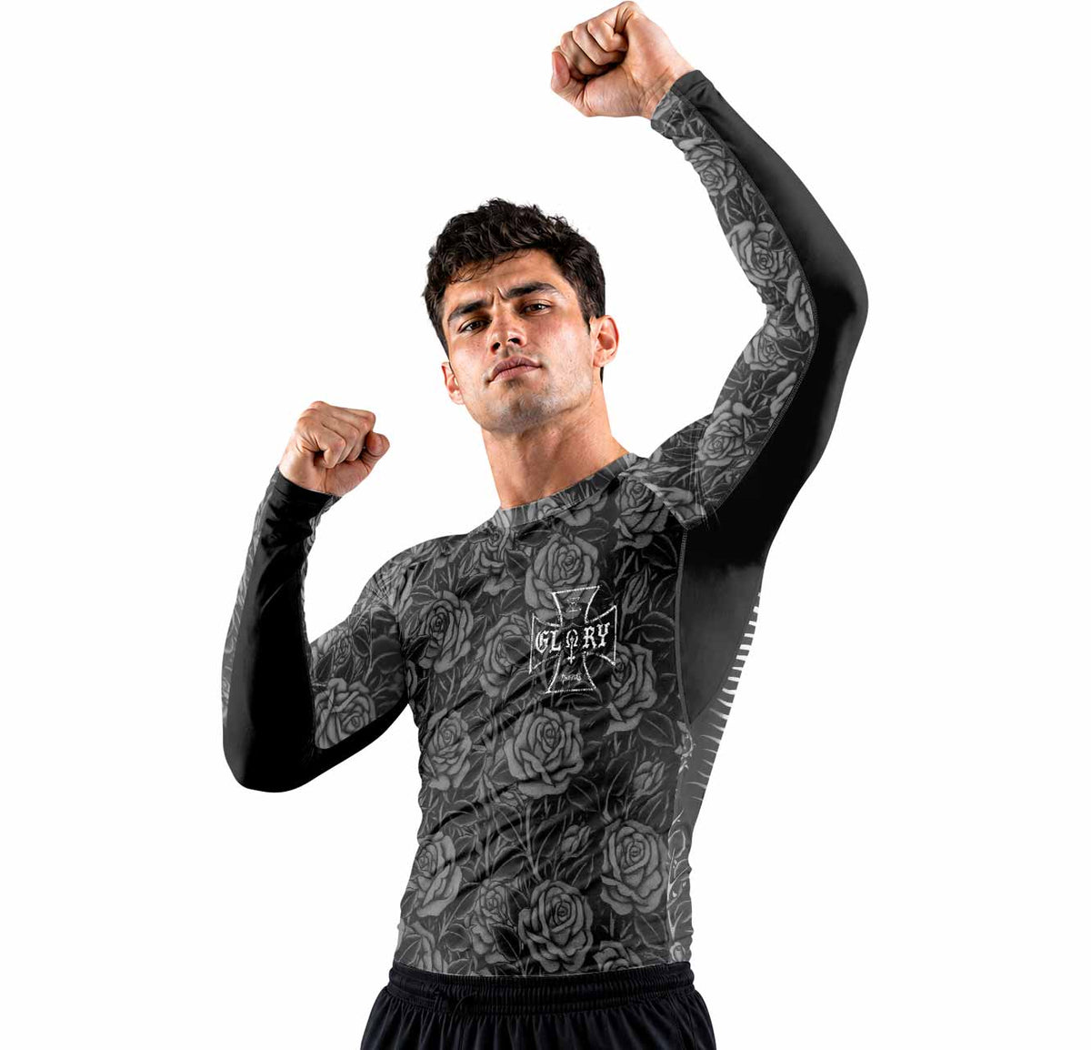 Black Rose Madonna Premium Rash Guard Long Sleeve - men lifestyle view
