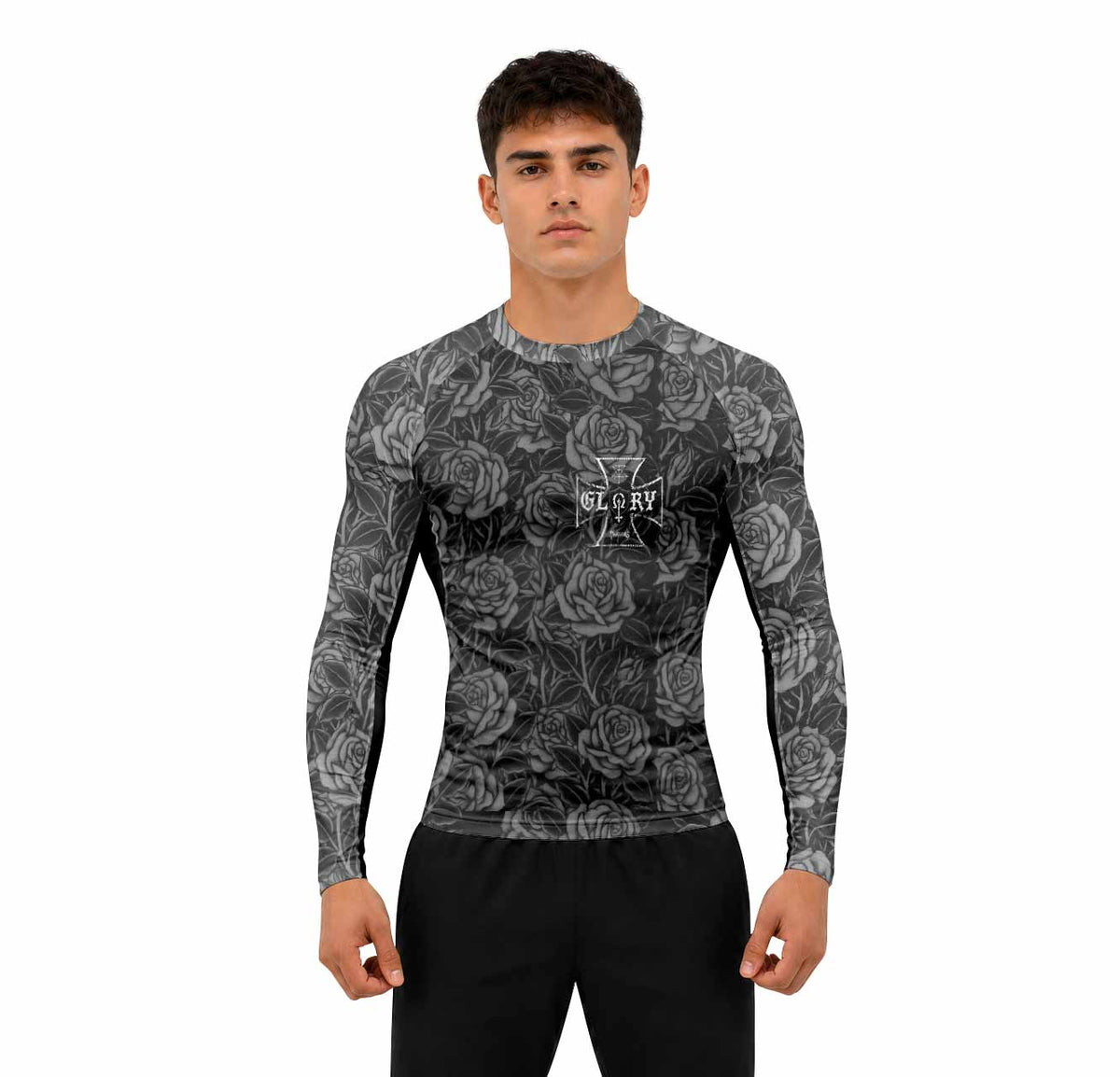 Black Rose Madonna Premium Rash Guard Long Sleeve - men lifestyle view