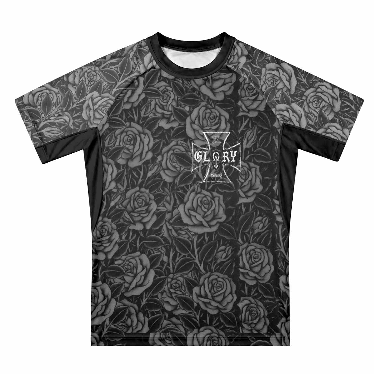 Black Rose Madonna Premium Rash Guard Short Sleeve - front view mockup