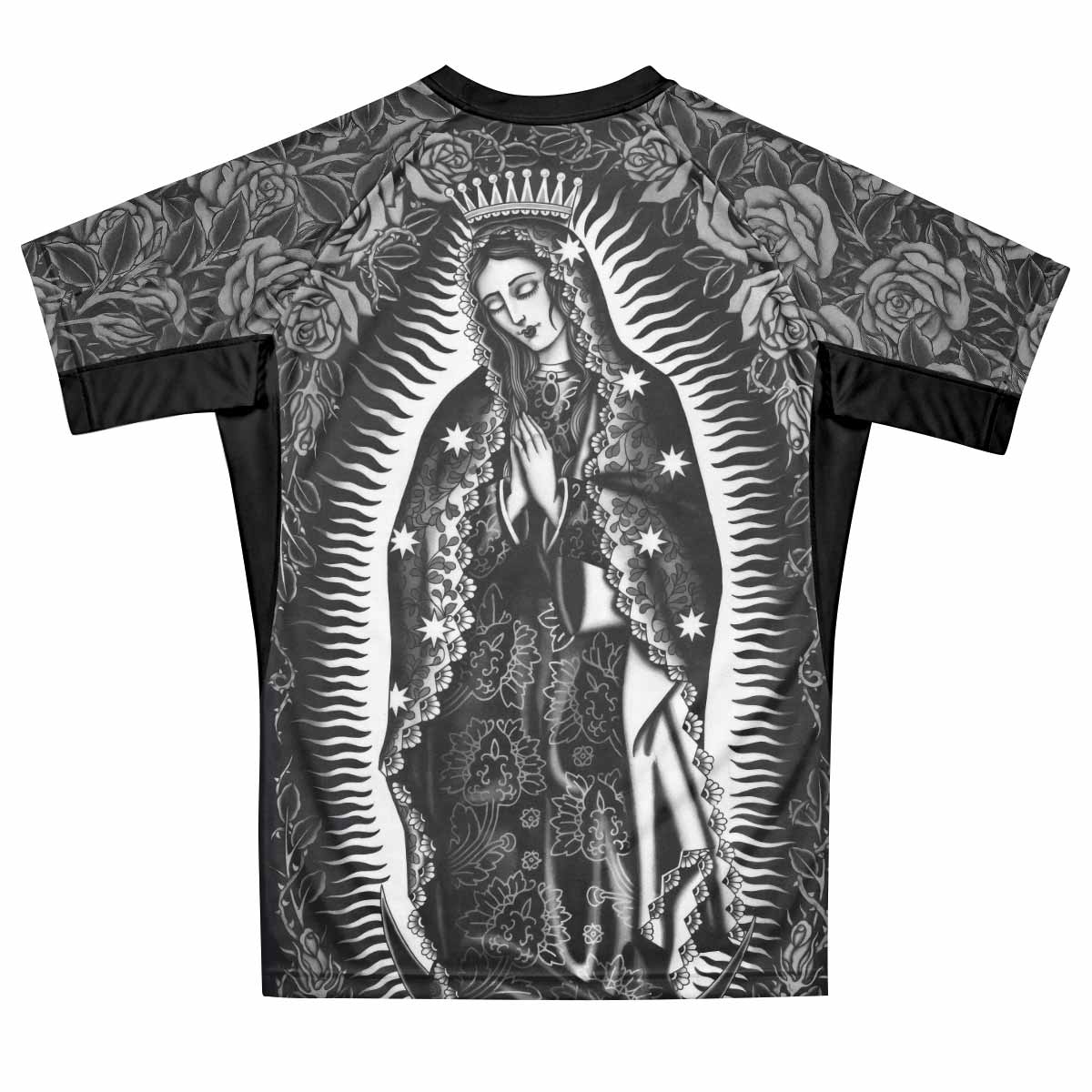 Black Rose Madonna Premium Rash Guard Short Sleeve - back view mockup
