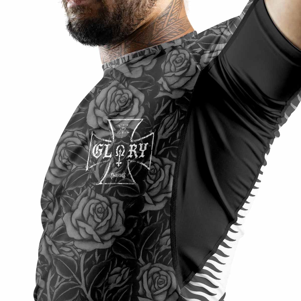 Black Rose Madonna Premium Rash Guard Short Sleeve - men lifestyle view