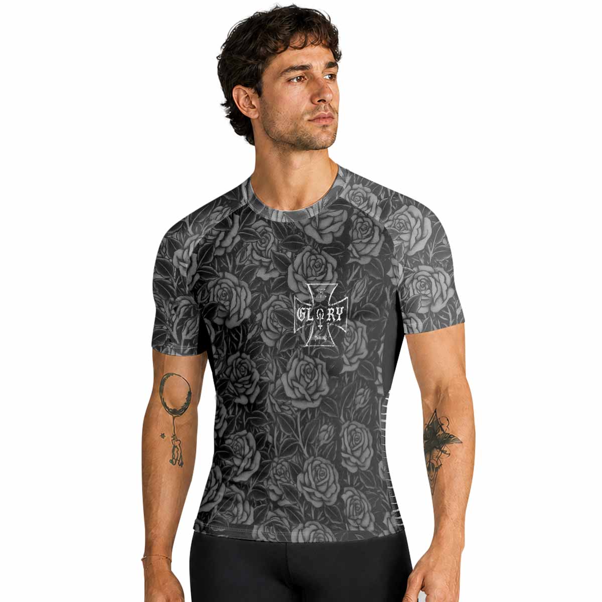 Black Rose Madonna Premium Rash Guard Short Sleeve - men lifestyle view