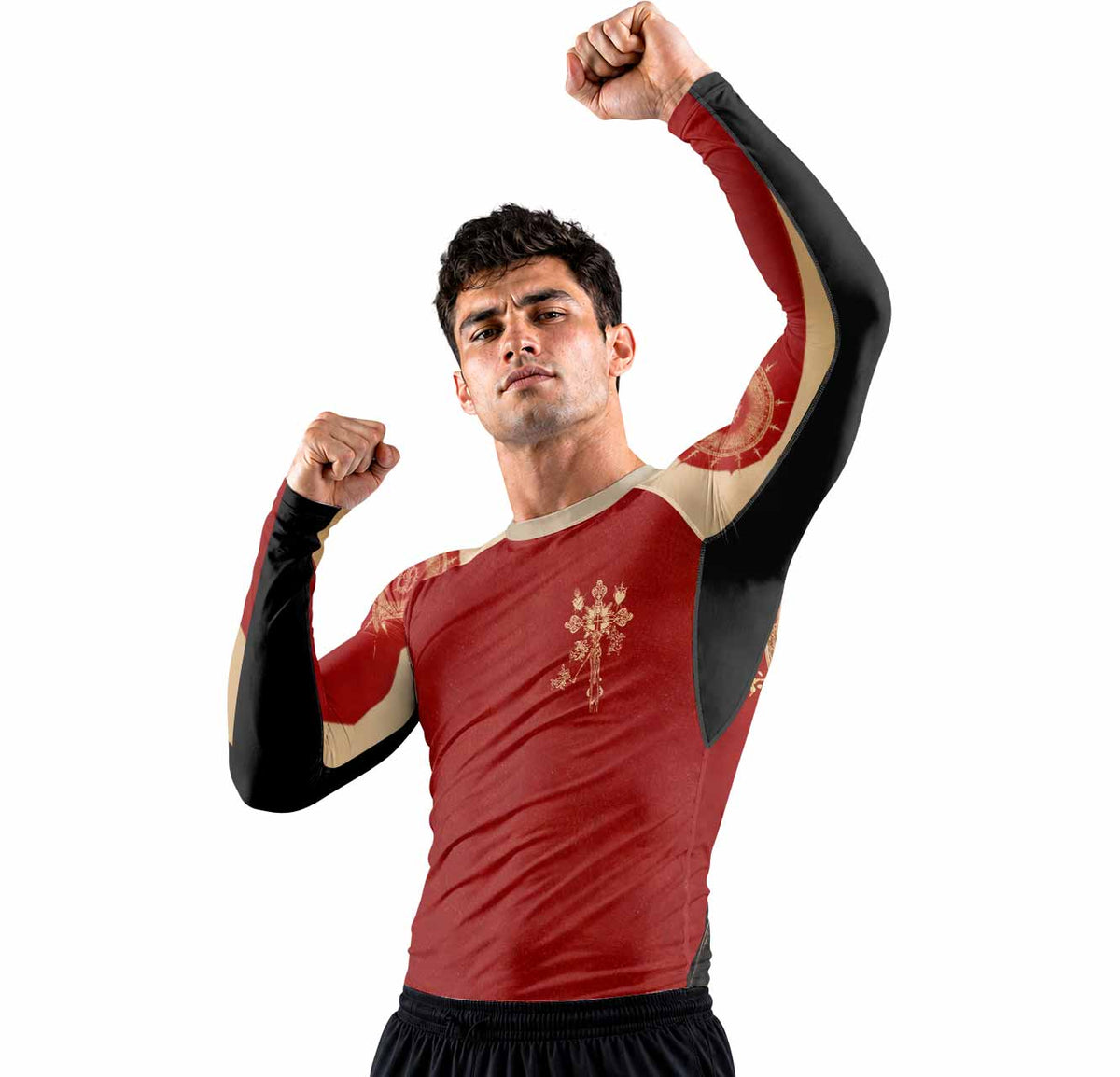 Mother of Sorrows Premium Rash Guard Long Sleeve - men lifestyle view