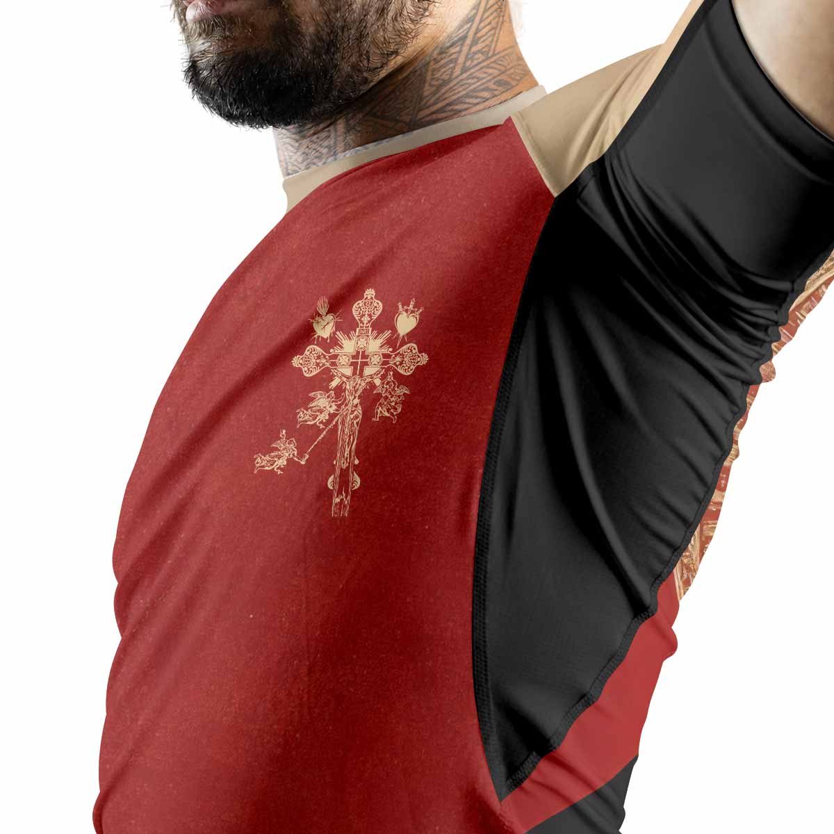 Mother of Sorrows Premium Rash Guard Short Sleeve - men lifestyle view