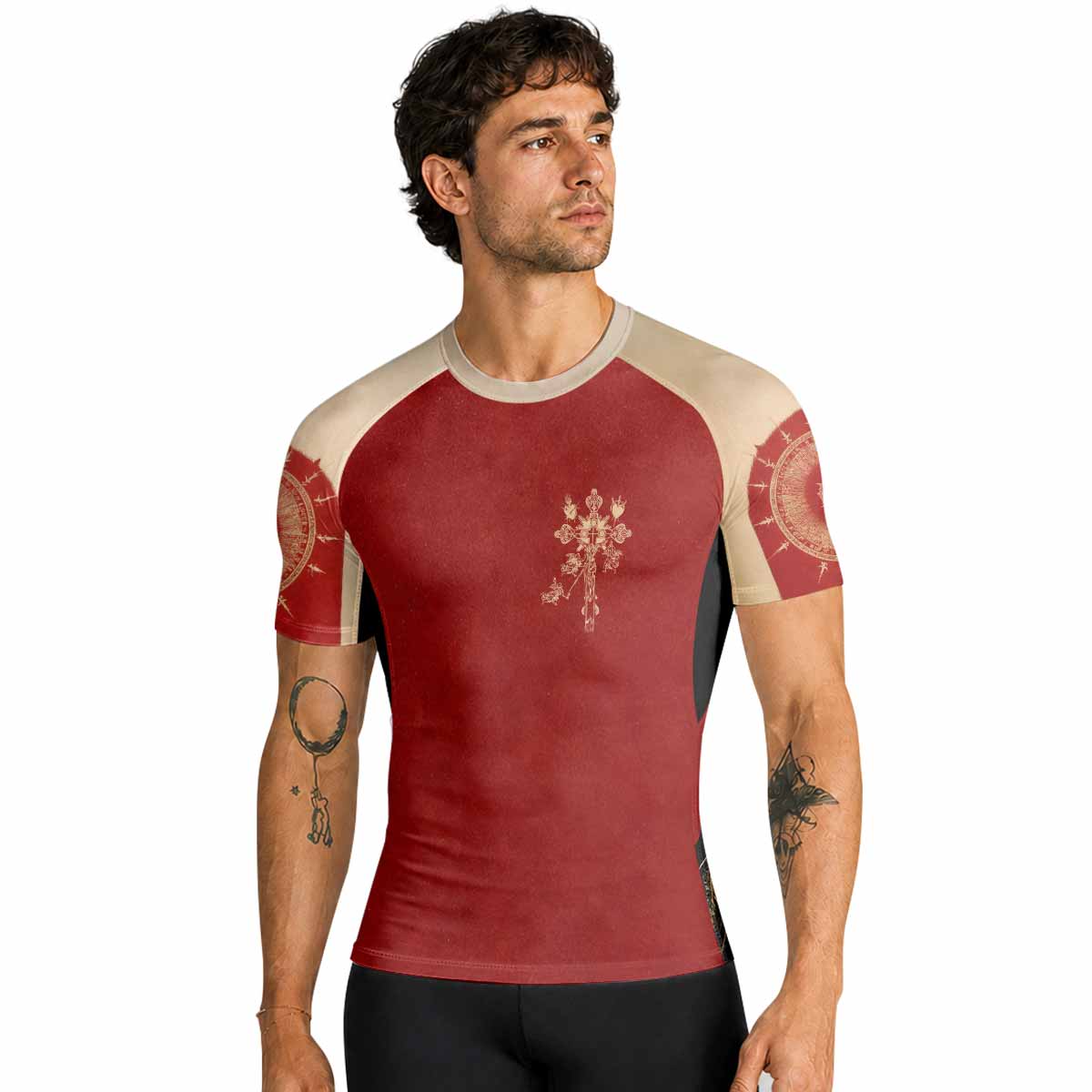 Mother of Sorrows Premium Rash Guard Short Sleeve - men lifestyle view