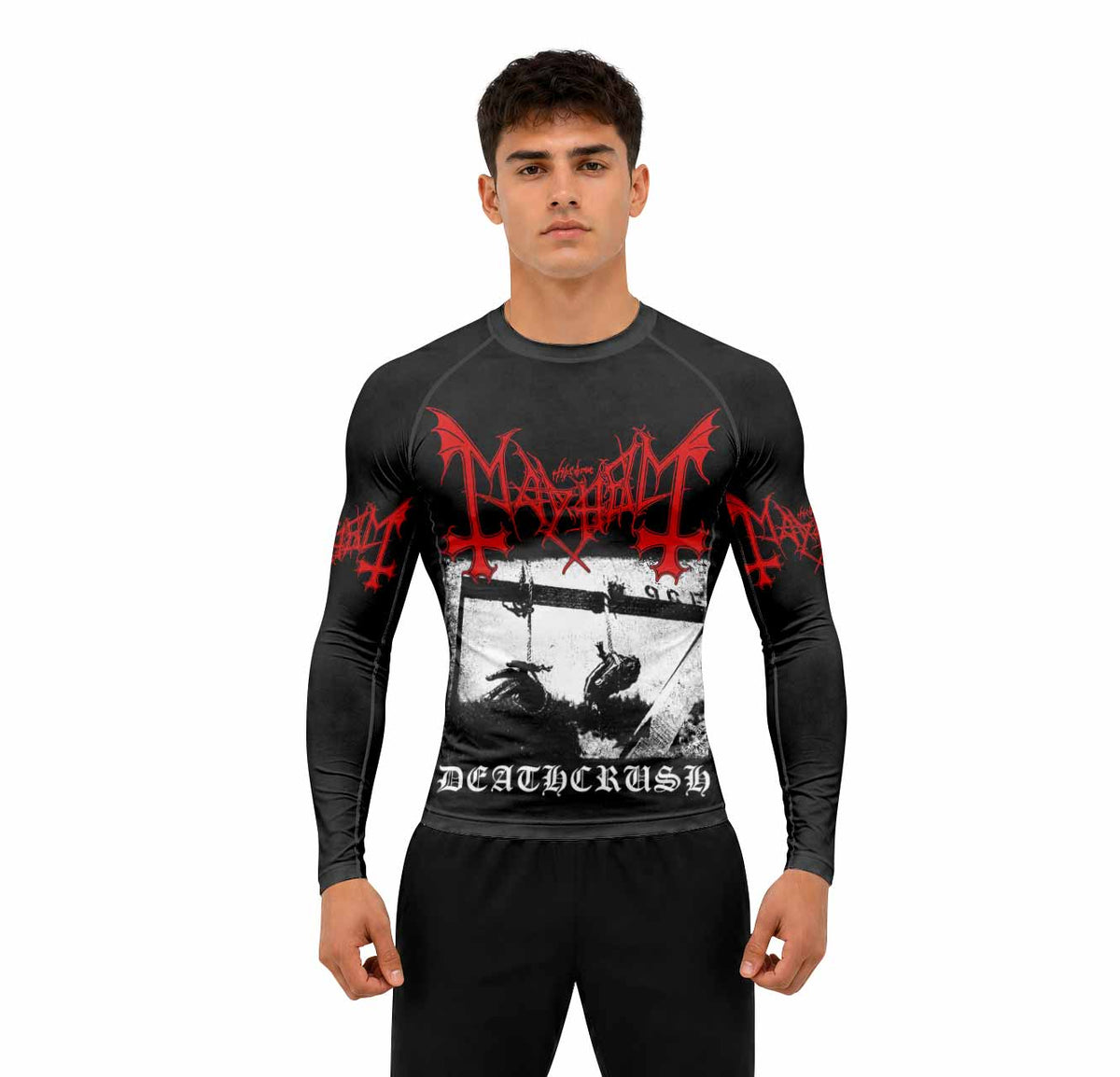 Mayhem Deathcrush No Fun No Core No Mosh No Trends Premium Rash Guard Long Sleeve - men lifestyle view