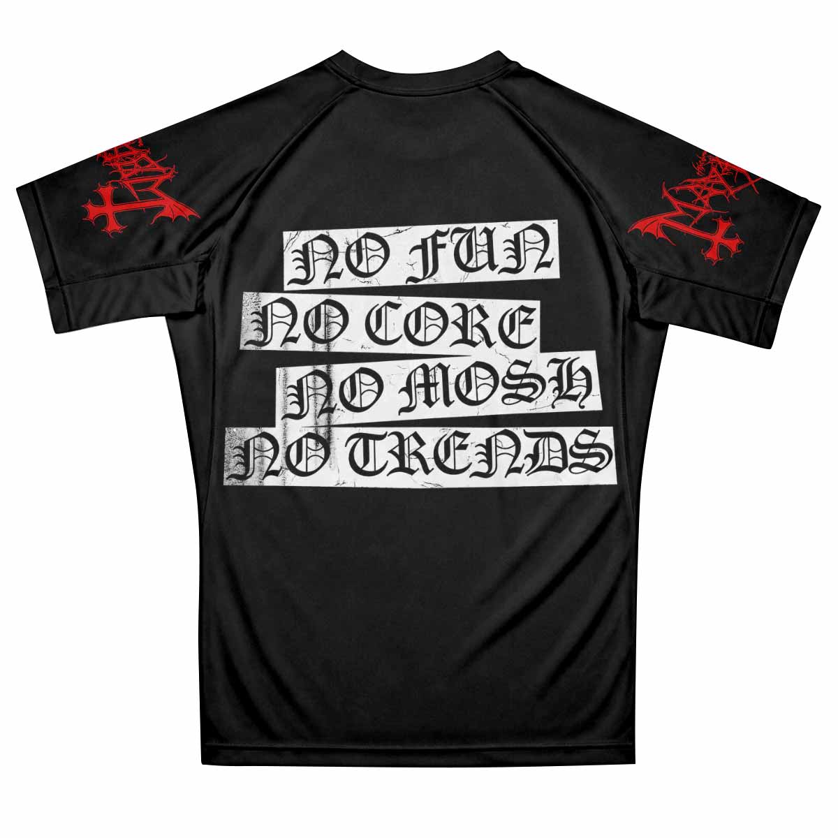Mayhem Deathcrush No Fun No Core No Mosh No Trends Premium Rash Guard Short Sleeve - back view mockup