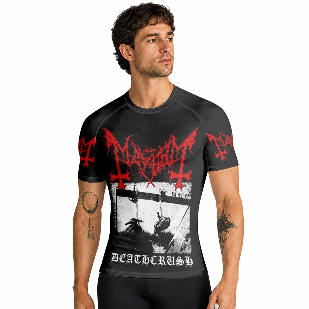 Mayhem Deathcrush No Fun No Core No Mosh No Trends Premium Rash Guard Short Sleeve - men lifestyle view