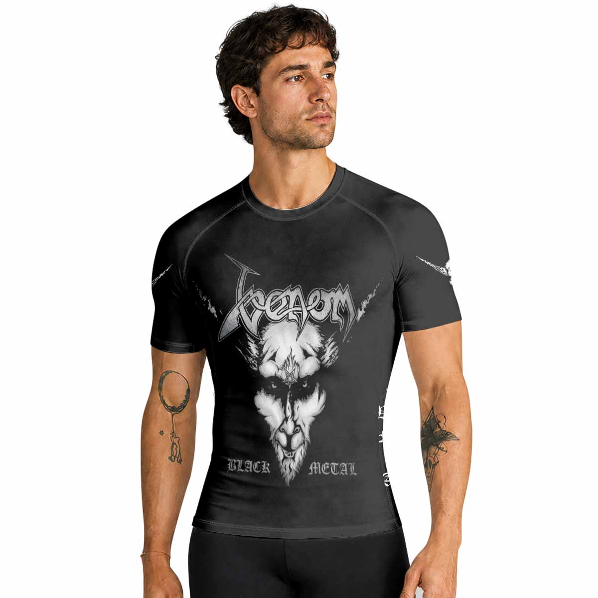 Venom Black Metal Goat Sigil Premium Rash Guard Short Sleeve - men lifestyle view