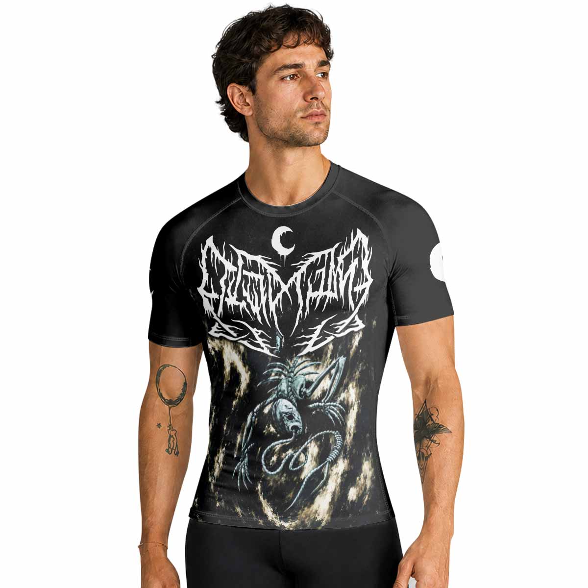 Leviathan A Silhouette in Splinters Premium Rash Guard Short Sleeve - men lifestyle view