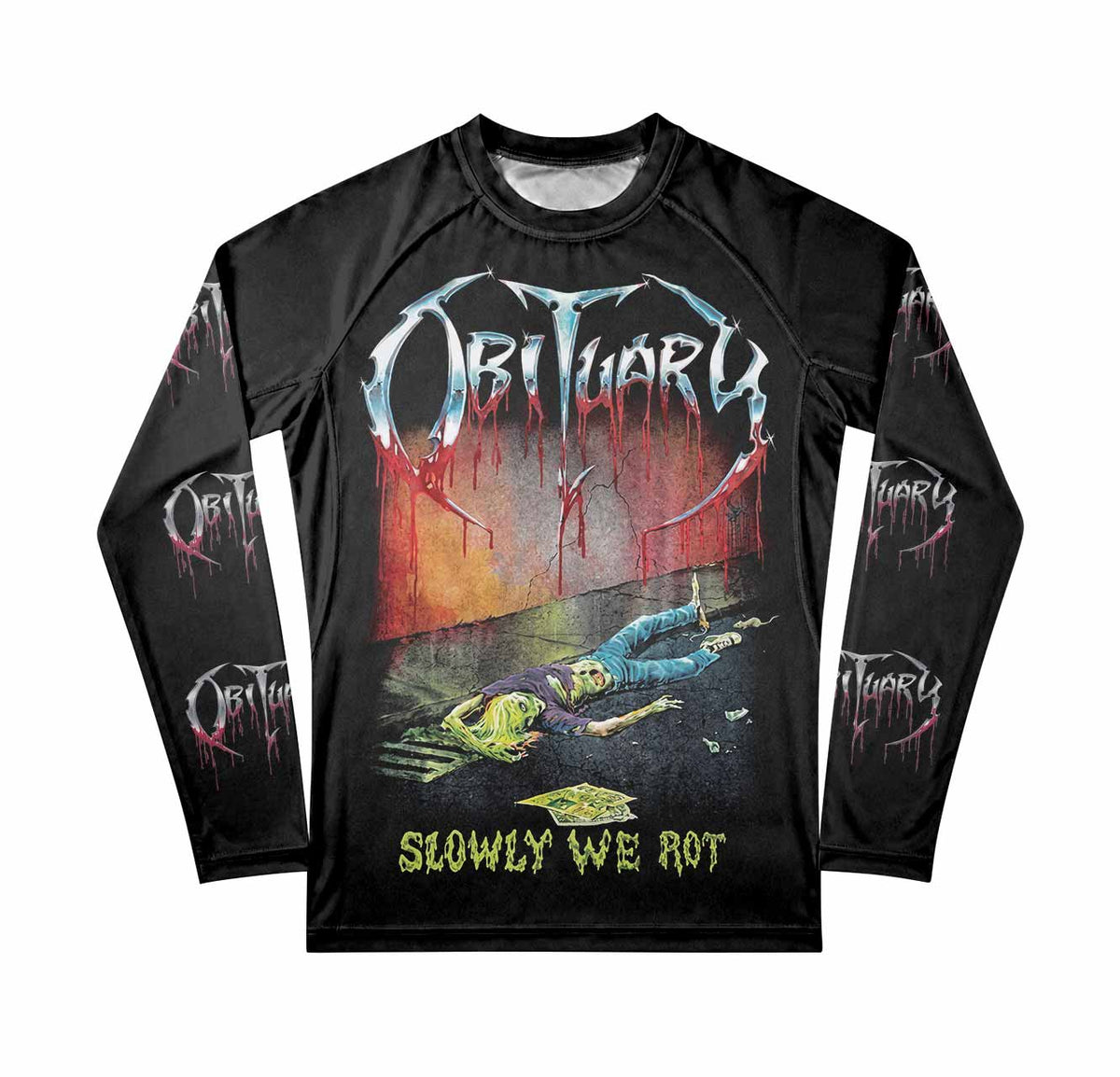 Obituary Slowly We Rot Premium Rash Guard Long Sleeve - front view mockup