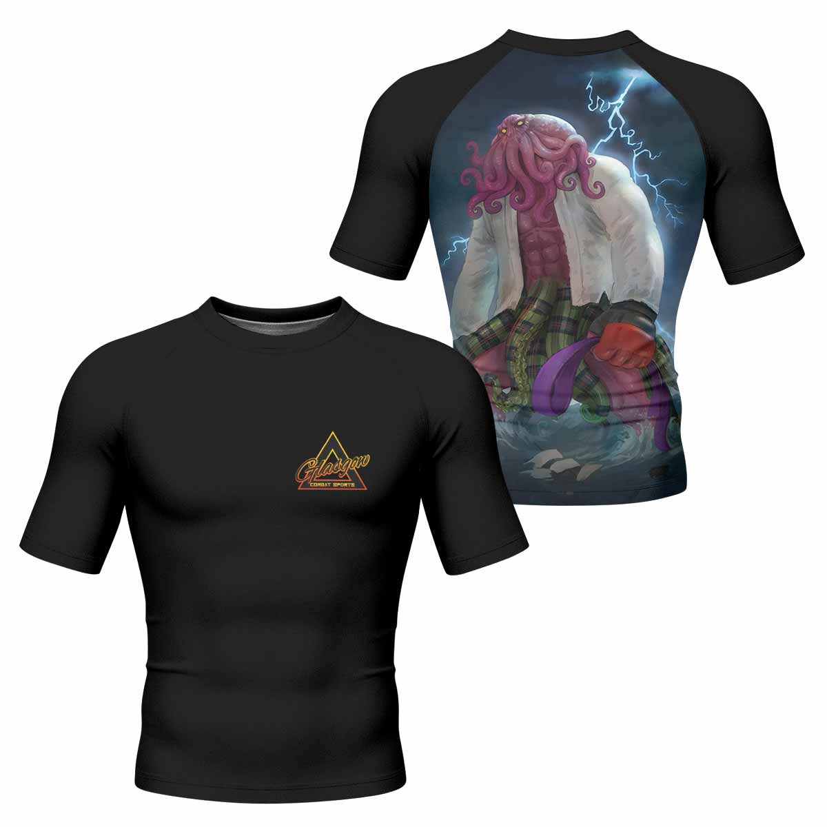 Purple Ranked Cthulhu Men's Rash Guard Short Sleeve – front and back view
