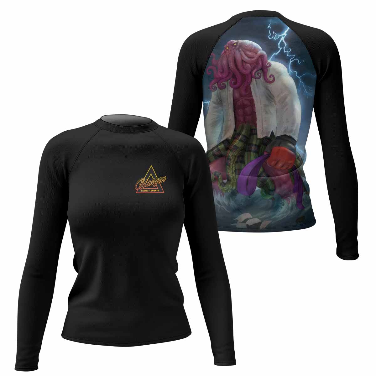 Purple Ranked Cthulhu Women's Rash Guard Long Sleeve – front and back view