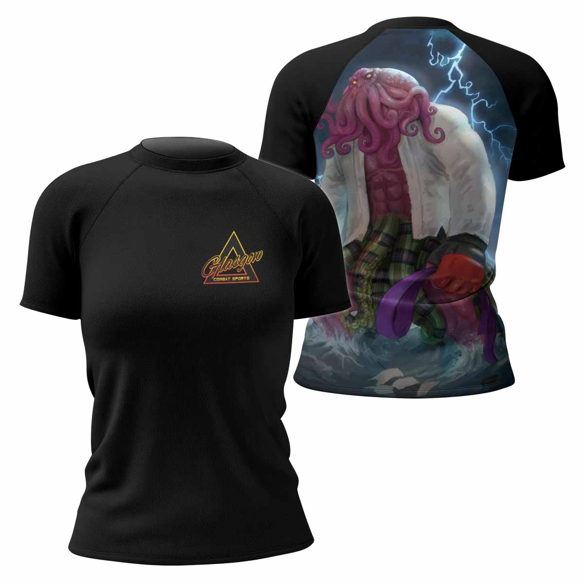 Purple Ranked Cthulhu Women's Rash Guard Short Sleeve – front and back view