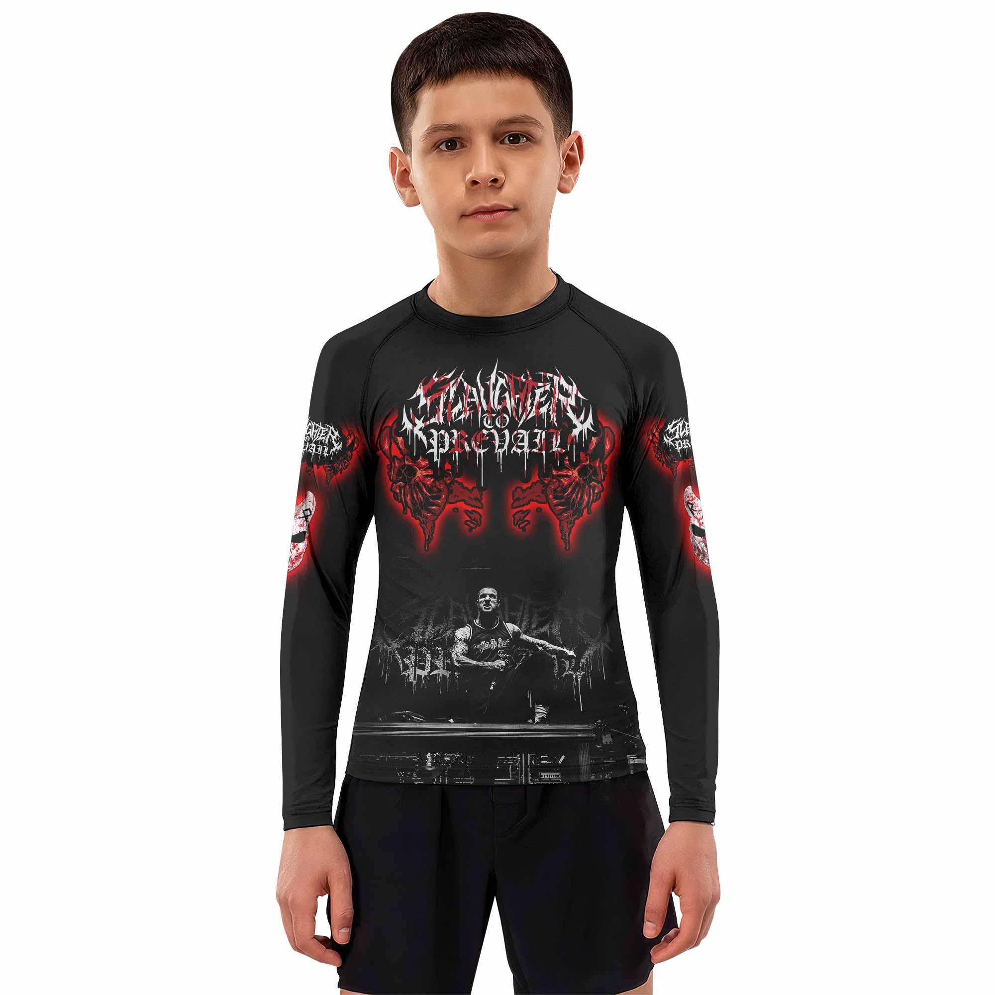 Slaughter to Prevail Kids Rash Guard Long Sleeve - boy's lifestyle view