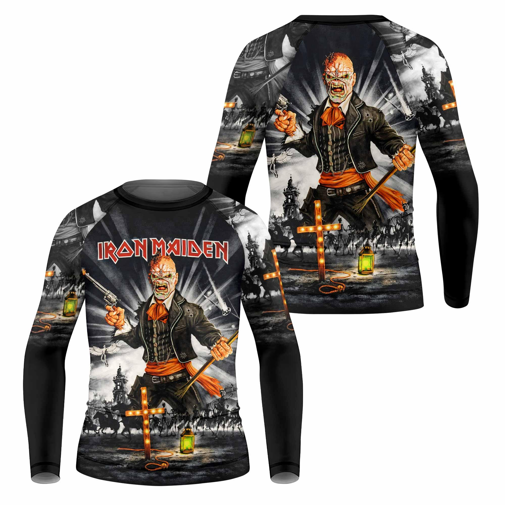 Iron Maiden Nights Of The Dead Kids Rash Guard Long Sleeve - front and back view